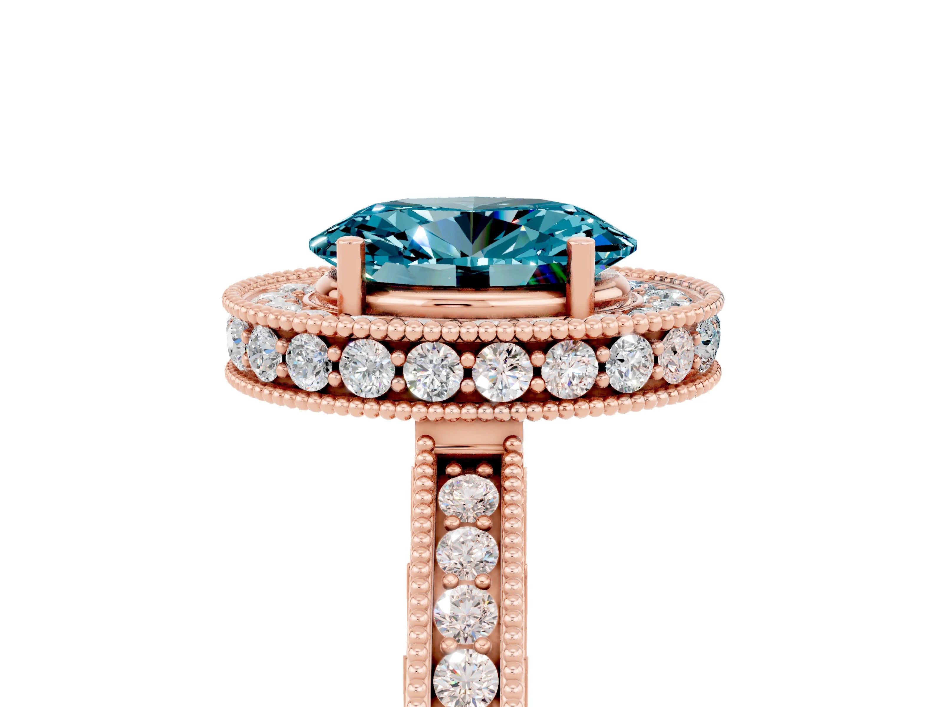 Rose gold Oval Cut Halo Diamond Engagement Ring with Milgrain Pave Band and Four-Prong Setting_5