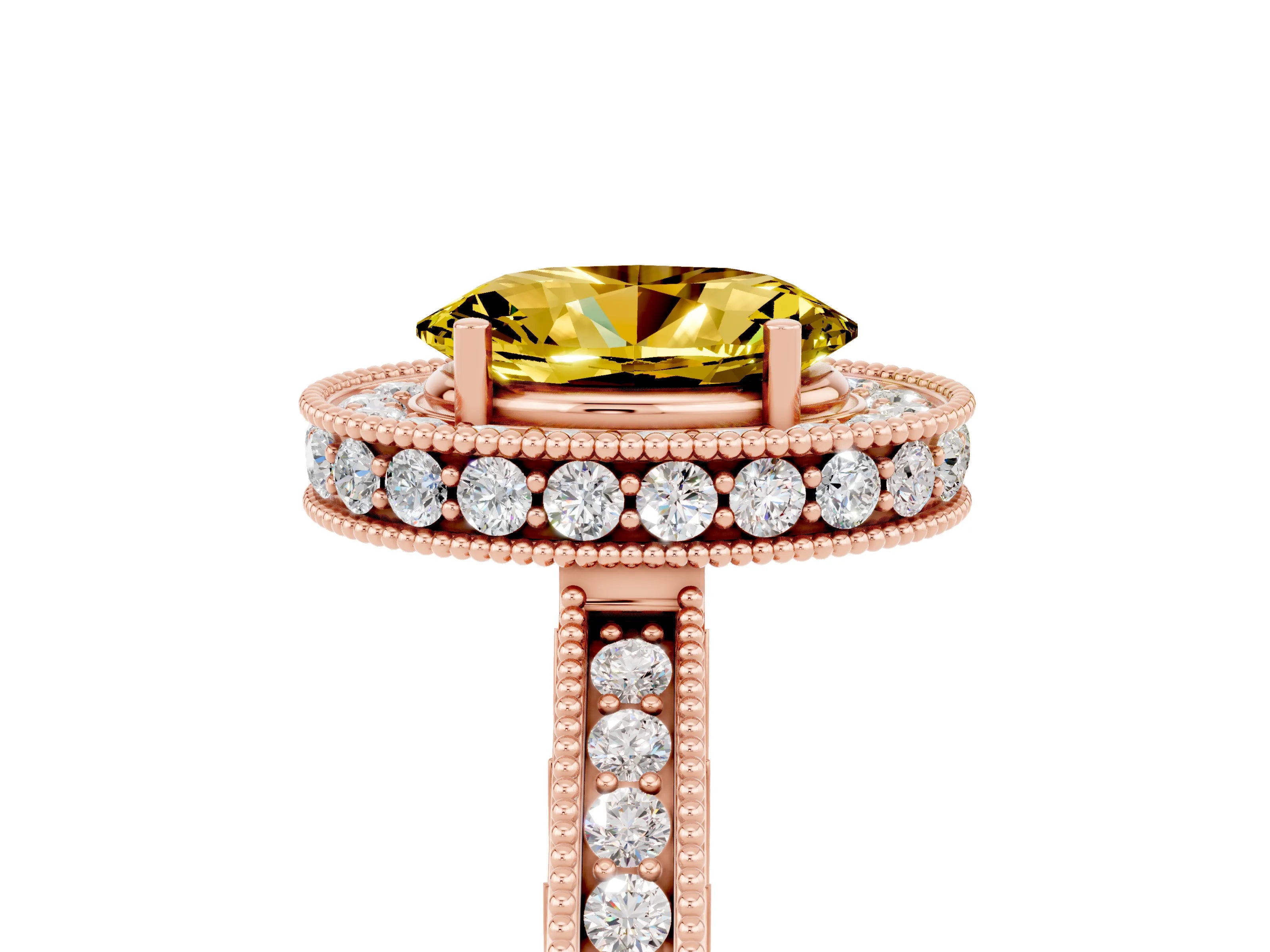 Rose gold Oval Cut Halo Diamond Engagement Ring with Milgrain Pave Band and Four-Prong Setting_5
