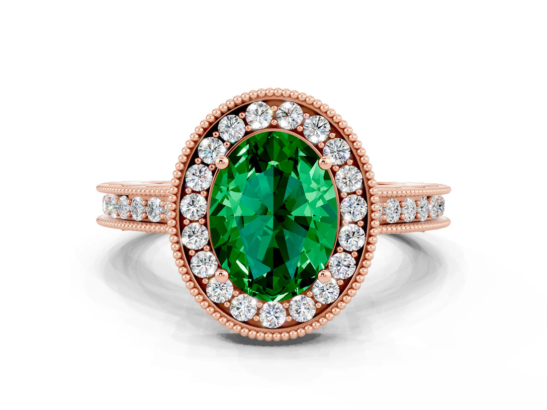 Rose gold Oval Cut Halo Diamond Engagement Ring with Milgrain Pave Band and Four-Prong Setting