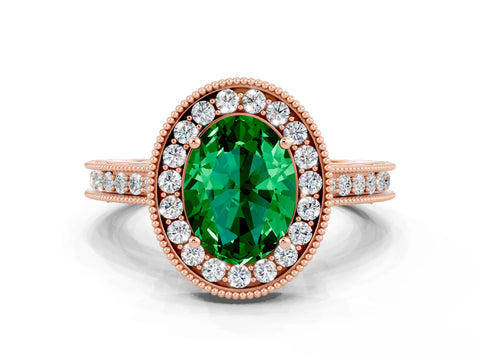 Rose gold Oval Cut Halo Diamond Engagement Ring with Milgrain Pave Band and Four-Prong Setting