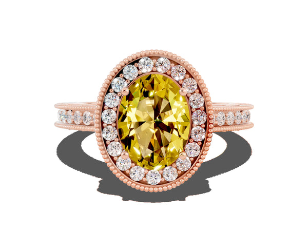 Rose gold Oval Cut Halo Diamond Engagement Ring with Milgrain Pave Band and Four-Prong Setting