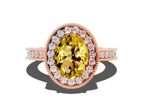 Rose gold Oval Cut Halo Diamond Engagement Ring with Milgrain Pave Band and Four-Prong Setting