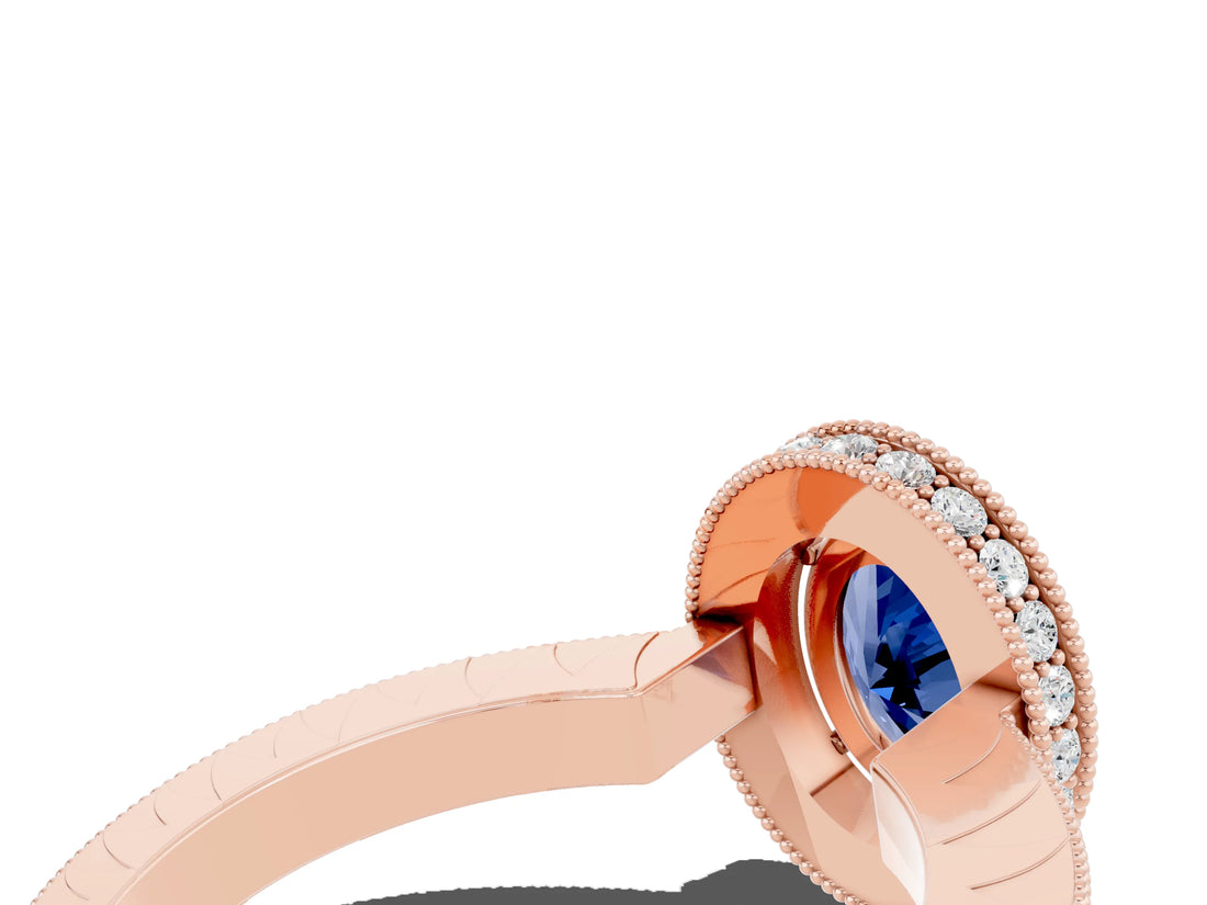 Rose gold Oval Cut Halo Diamond Engagement Ring with Milgrain Pave Band and Four-Prong Setting