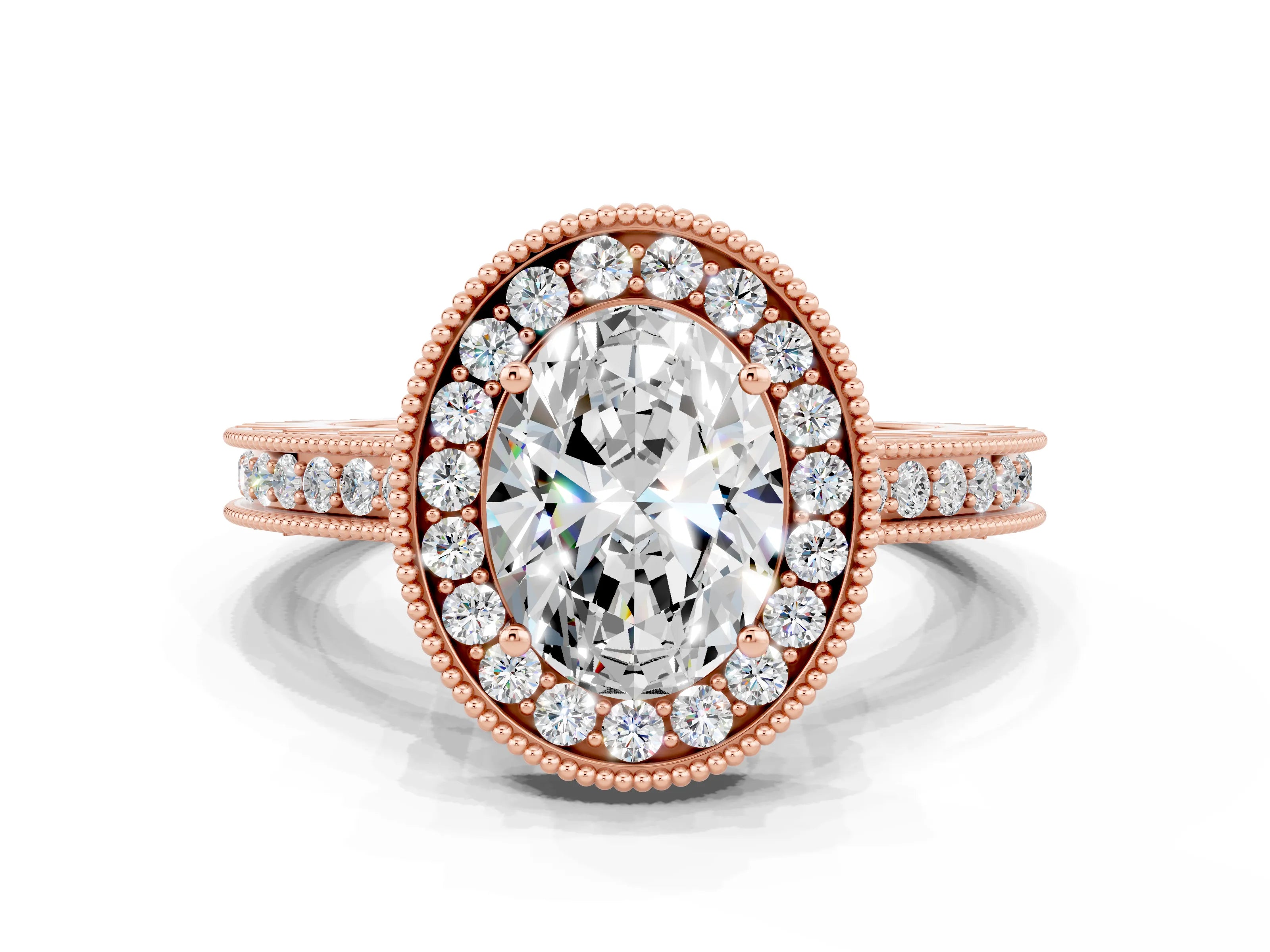 Rose gold Oval Cut Halo Diamond Engagement Ring with Milgrain Pave Band and Four-Prong Setting