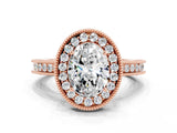 Rose gold Oval Cut Halo Diamond Engagement Ring with Milgrain Pave Band and Four-Prong Setting