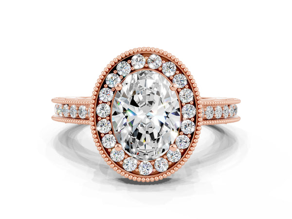 Rose gold Oval Cut Halo Diamond Engagement Ring with Milgrain Pave Band and Four-Prong Setting