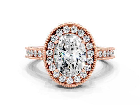 Rose gold Oval Cut Halo Diamond Engagement Ring with Milgrain Pave Band and Four-Prong Setting