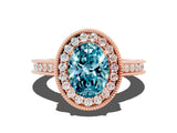 Rose gold Oval Cut Halo Diamond Engagement Ring with Milgrain Pave Band and Four-Prong Setting