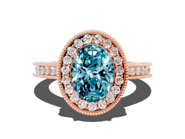 Rose gold Oval Cut Halo Diamond Engagement Ring with Milgrain Pave Band and Four-Prong Setting