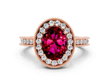 Rose gold Oval Cut Halo Diamond Engagement Ring with Milgrain Pave Band and Four-Prong Setting