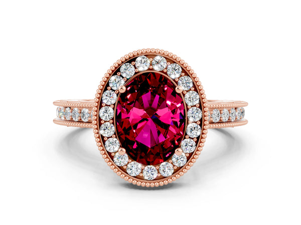 Rose gold Oval Cut Halo Diamond Engagement Ring with Milgrain Pave Band and Four-Prong Setting