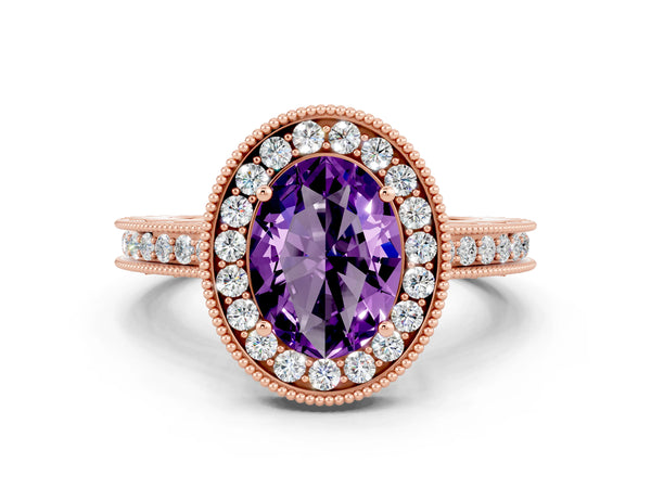 Rose gold Oval Cut Amethyst Milgrain Halo Engagement Ring with Round Pavé Band and Prong Setting