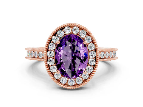 Rose gold Oval Cut Halo Diamond Engagement Ring with Milgrain Pave Band and Four-Prong Setting