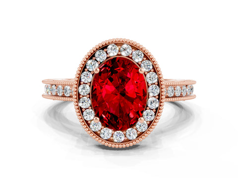 Rose gold Oval Cut Halo Diamond Engagement Ring with Milgrain Pave Band and Four-Prong Setting