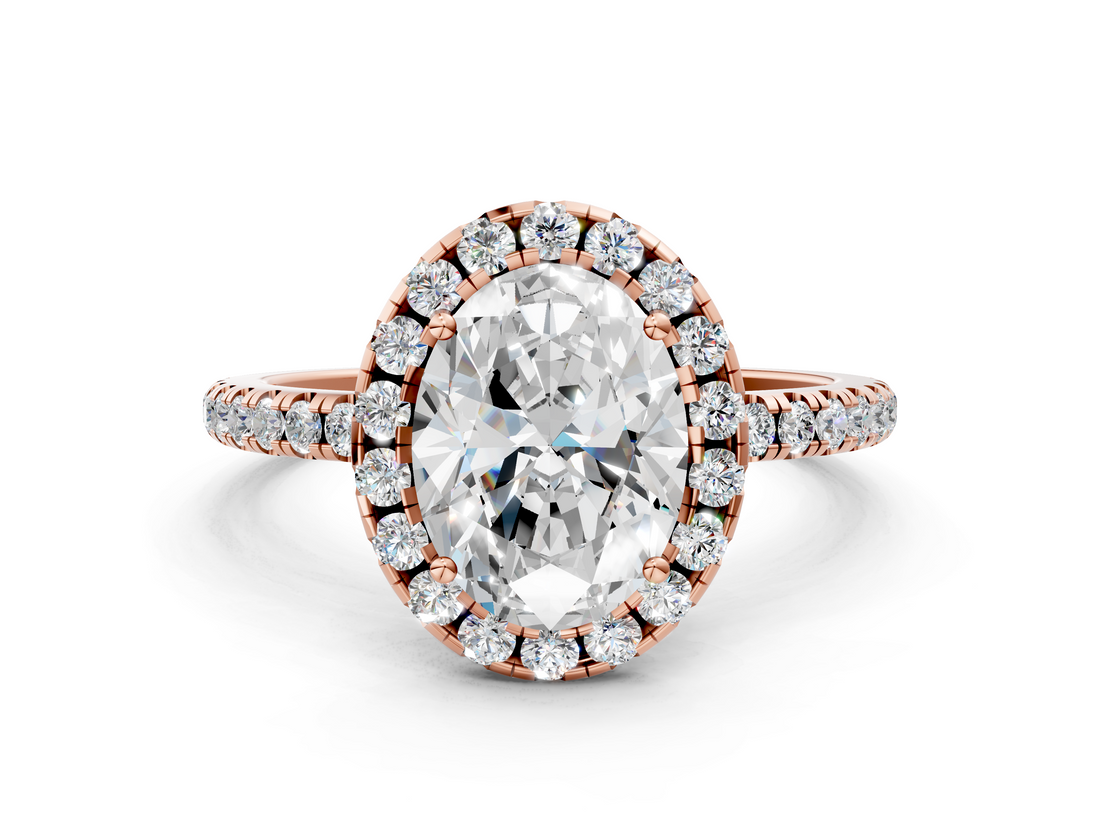 Rose gold Oval Cut Halo Diamond Engagement Ring with Pave Band and Four-Prong Setting_20