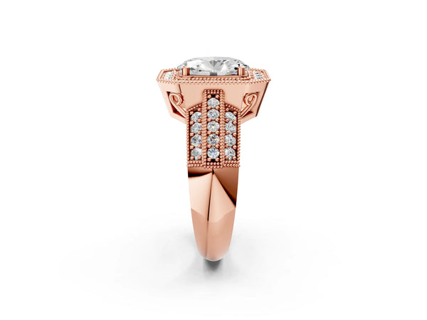 Rose gold Oval Cut Halo Diamond Engagement Ring with Pave Split Shank and Four-Prong Setting