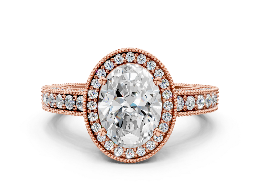 Rose gold Oval Cut Halo Diamond Pave Band Ring with Four-Prong Setting_61