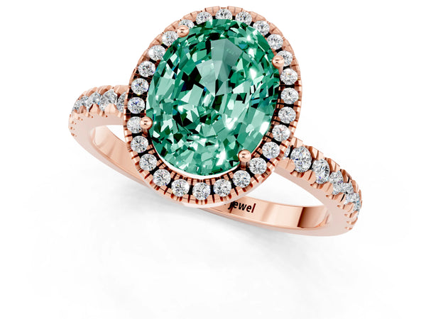 Rose gold Oval Cut Green Sapphire Classic Halo Engagement Ring with Round Pavé Band and Prong Setting