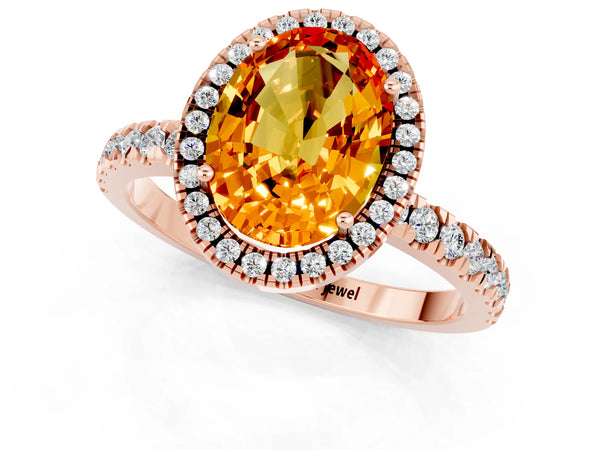 Rose gold Oval Cut Citrine Classic Halo Engagement Ring with Round Pavé Band and Prong Setting