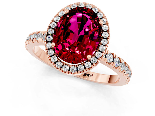 Rose gold Oval Cut Garnet Classic Halo Engagement Ring with Round Pavé Band and Prong Setting