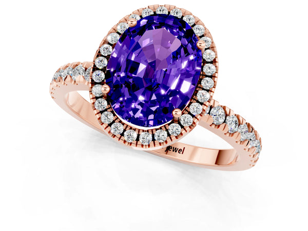 Rose gold Oval Cut Tanzanite Classic Halo Engagement Ring with Round Pavé Band and Prong Setting
