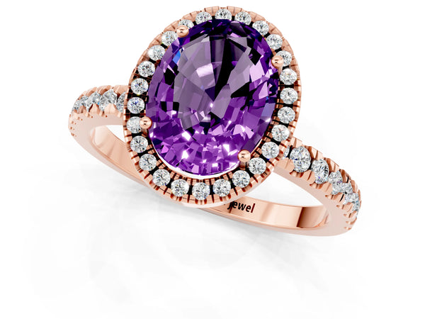 Rose gold Oval Cut Amethyst Classic Halo Engagement Ring with Round Pavé Band and Prong Setting