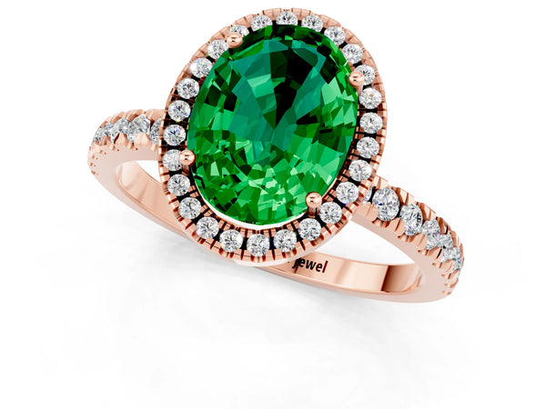 Rose gold Oval Cut Emerald Classic Halo Engagement Ring with Round Pavé Band and Prong Setting