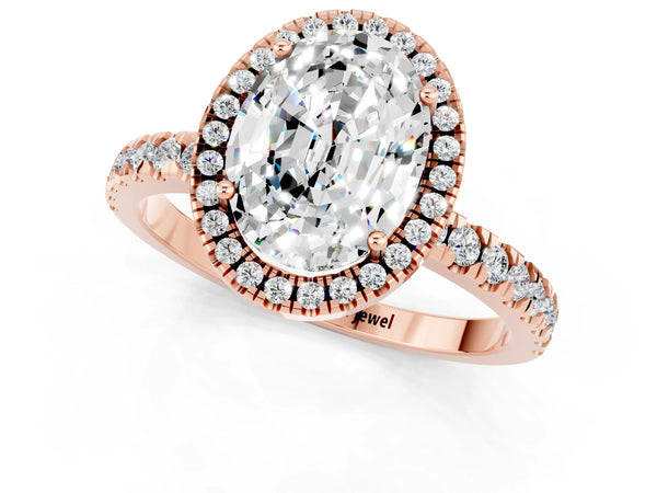 Rose gold Oval Cut Moissanite Classic Halo Engagement Ring with Round Pavé Band and Prong Setting