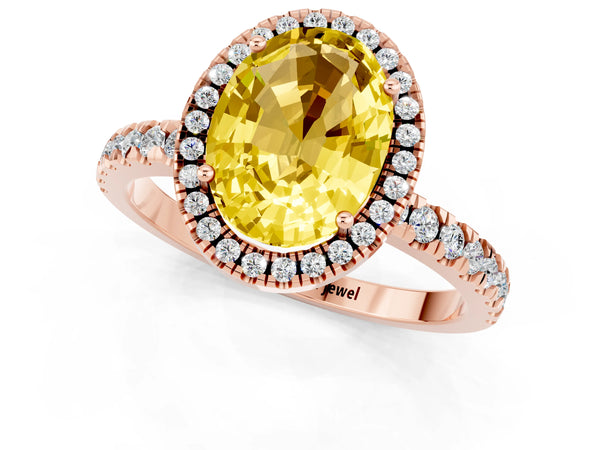 Rose gold Oval Cut Yellow Sapphire Classic Halo Engagement Ring with Round Pavé Band and Prong Setting