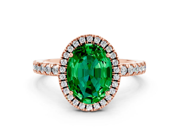 Rose gold Oval Cut Emerald Classic Halo Engagement Ring with Round Pavé Band and Prong Setting