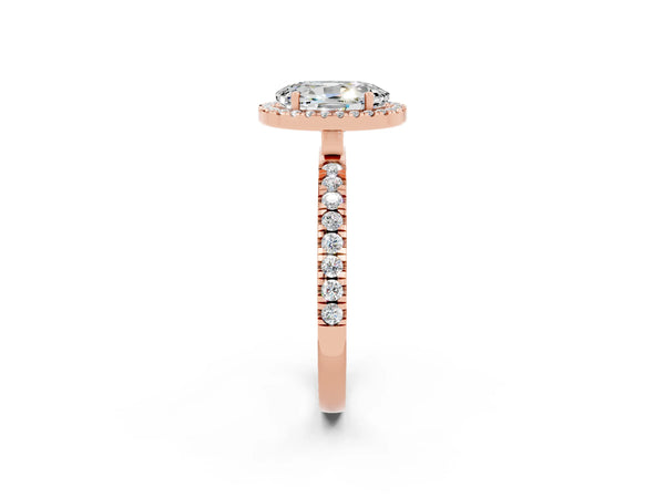 Rose gold Oval Cut Moissanite Classic Halo Engagement Ring with Round Pavé Band and Prong Setting