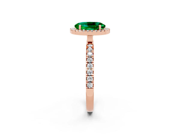 Rose gold Oval Cut Emerald Classic Halo Engagement Ring with Round Pavé Band and Prong Setting
