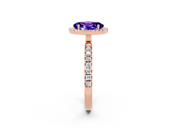 Rose gold Oval Cut Tanzanite Classic Halo Engagement Ring with Round Pavé Band and Prong Setting
