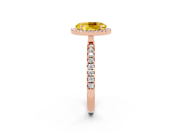 Rose gold Oval Cut Yellow Sapphire Classic Halo Engagement Ring with Round Pavé Band and Prong Setting