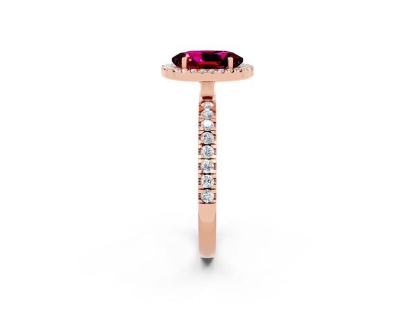 Rose gold Oval Cut Garnet Classic Halo Engagement Ring with Round Pavé Band and Prong Setting
