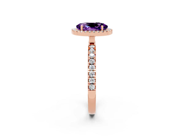 Rose gold Oval Cut Amethyst Classic Halo Engagement Ring with Round Pavé Band and Prong Setting