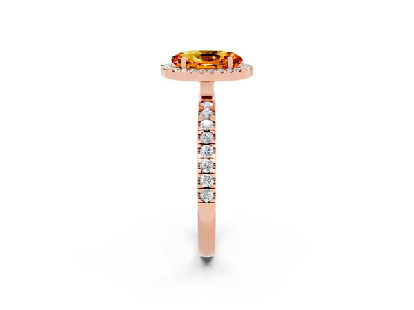 Rose gold Oval Cut Citrine Classic Halo Engagement Ring with Round Pavé Band and Prong Setting