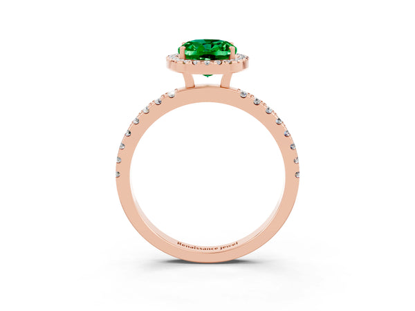 Rose gold Oval Cut Emerald Classic Halo Engagement Ring with Round Pavé Band and Prong Setting