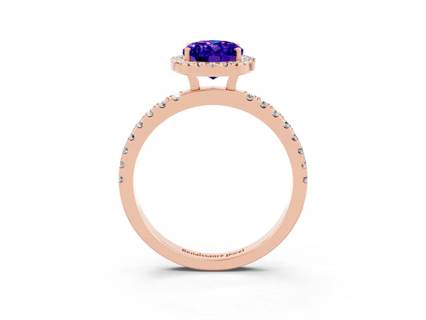 Rose gold Oval Cut Tanzanite Classic Halo Engagement Ring with Round Pavé Band and Prong Setting