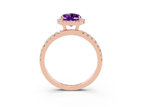 Rose gold Oval Cut Amethyst Classic Halo Engagement Ring with Round Pavé Band and Prong Setting