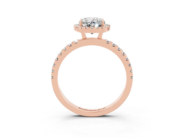Rose gold Oval Cut Moissanite Classic Halo Engagement Ring with Round Pavé Band and Prong Setting
