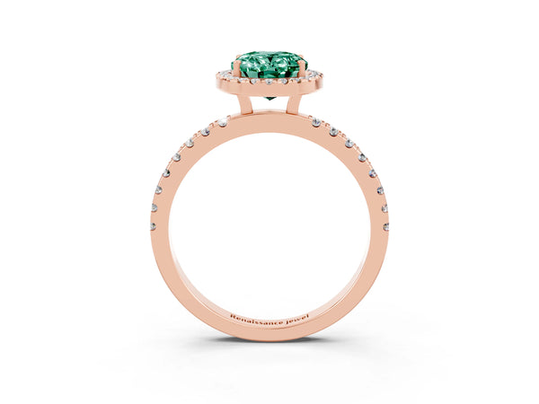 Rose gold Oval Cut Green Sapphire Classic Halo Engagement Ring with Round Pavé Band and Prong Setting