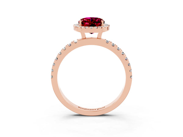 Rose gold Oval Cut Garnet Classic Halo Engagement Ring with Round Pavé Band and Prong Setting