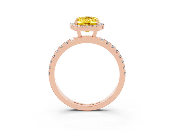 Rose gold Oval Cut Yellow Sapphire Classic Halo Engagement Ring with Round Pavé Band and Prong Setting