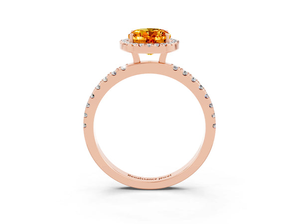 Rose gold Oval Cut Citrine Classic Halo Engagement Ring with Round Pavé Band and Prong Setting