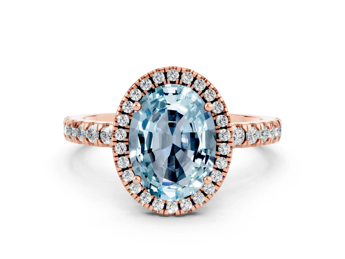 Rose gold Oval Cut Halo Diamond Pave Band with Prong Setting