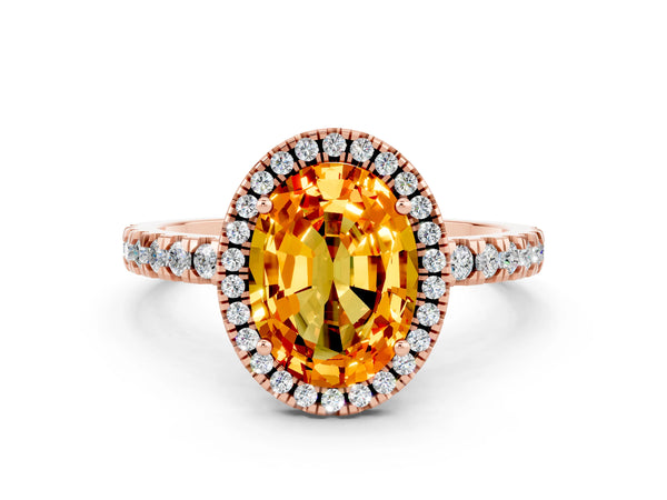 Rose gold Oval Cut Citrine Classic Halo Engagement Ring with Round Pavé Band and Prong Setting