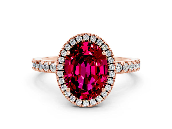 Rose gold Oval Cut Garnet Classic Halo Engagement Ring with Round Pavé Band and Prong Setting