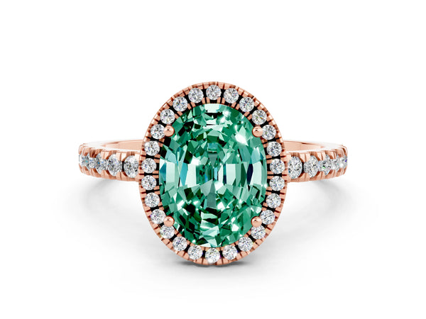 Rose gold Oval Cut Green Sapphire Classic Halo Engagement Ring with Round Pavé Band and Prong Setting