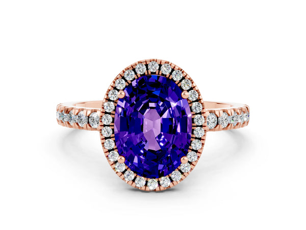Rose gold Oval Cut Tanzanite Classic Halo Engagement Ring with Round Pavé Band and Prong Setting